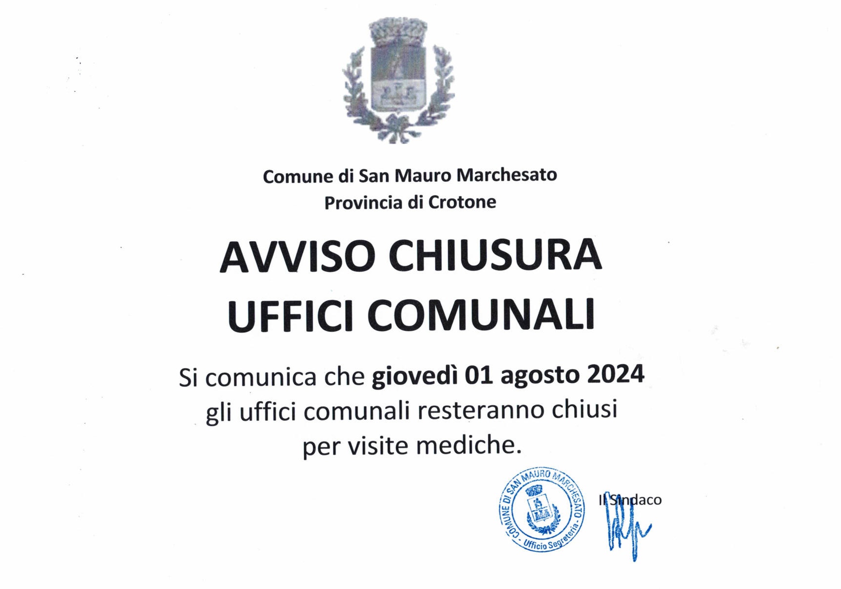 Chiusura uffici Comunali in data 01/08/2024